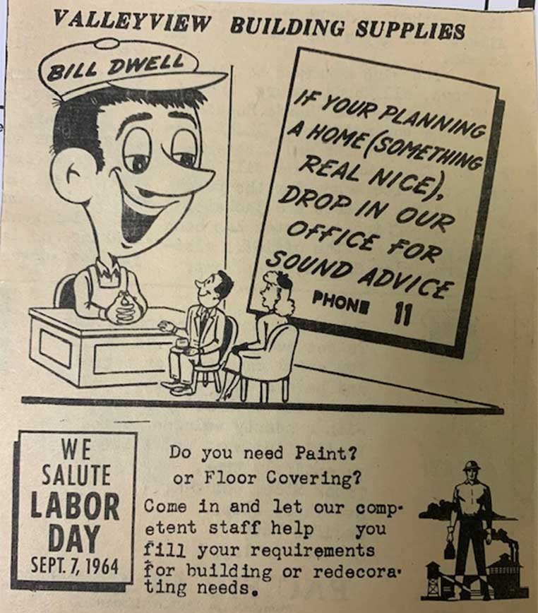 Old newspaper clipping of a Valleyview Building Supplies advertisement